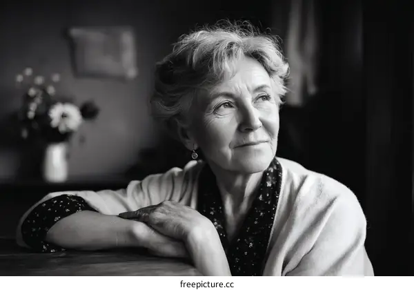 Thoughtful Elderly Woman Portrait in Black and White