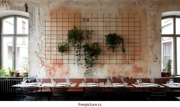 Rustic Restaurant Interior with Planted Wall Decor
