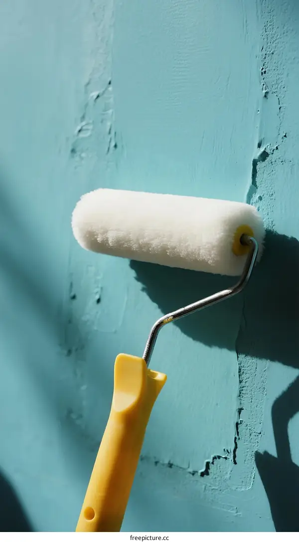 Applying Light Blue Paint with a Foam Roller on Wall