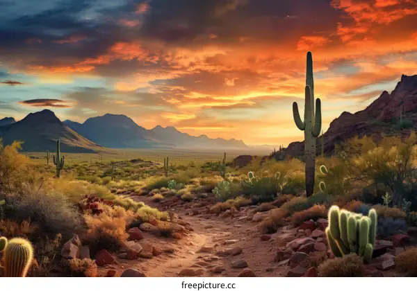 Desert landscape with cacti and mountains at sunset
