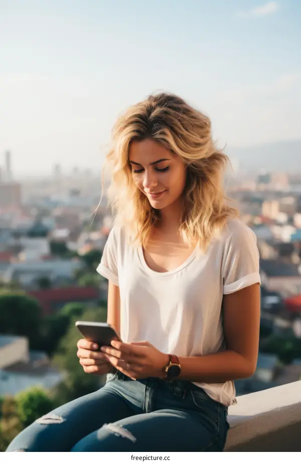 Young woman using her phone in the city