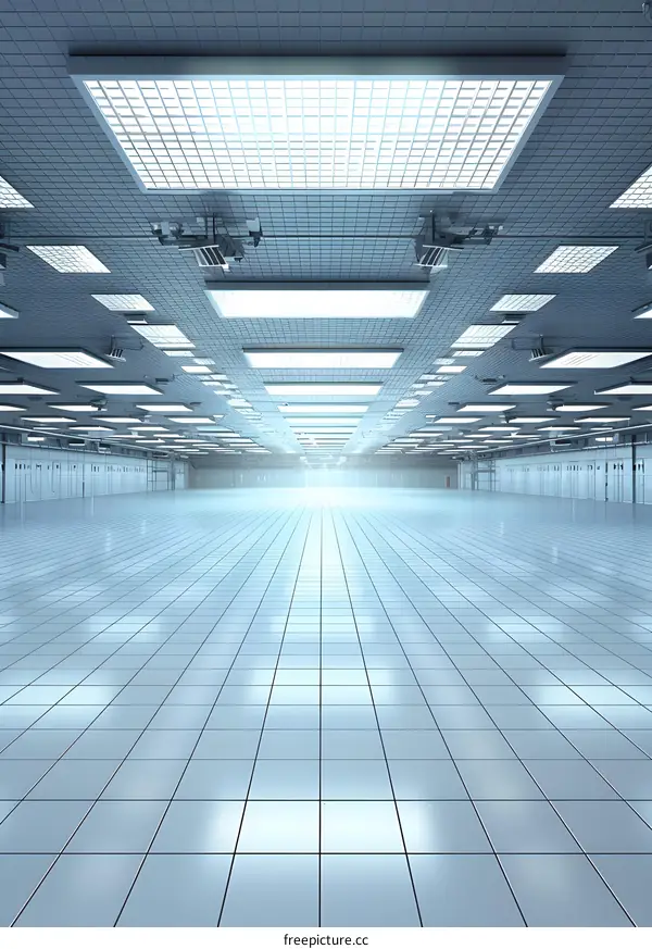 Empty Industrial Building with Tiled Floor and Bright Lights