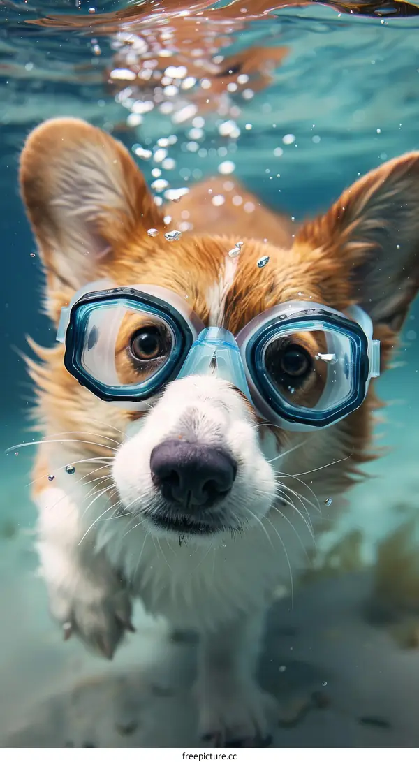 A cute corgi dog wearing swimming goggles swims underwater