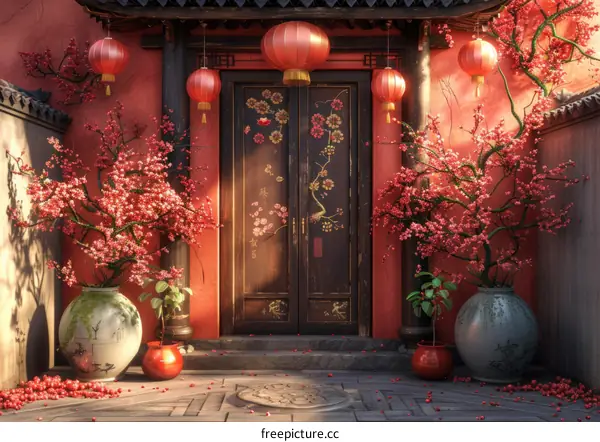 Chinese Gate Entrance with Red Walls and Black Roof