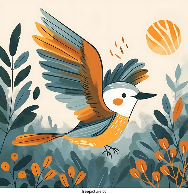 Flying Bird in a Forest Illustration