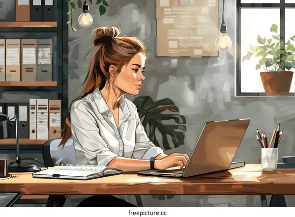 A woman is working on her laptop in an office.