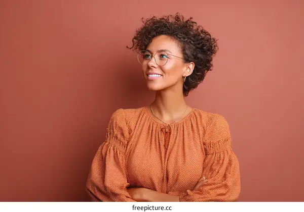 Confident Woman in Orange Top Against a Terracotta Wall