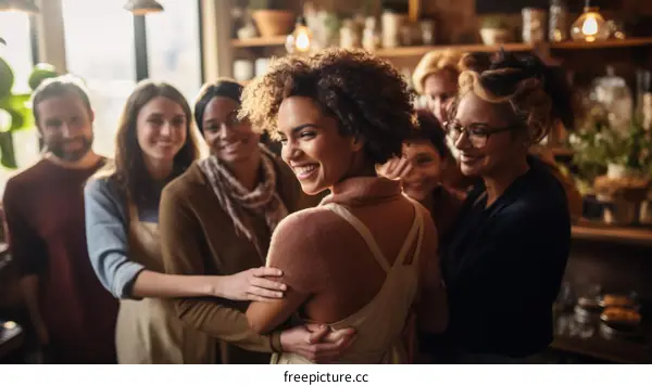 Portrait of a group of diverse people smiling and embracing