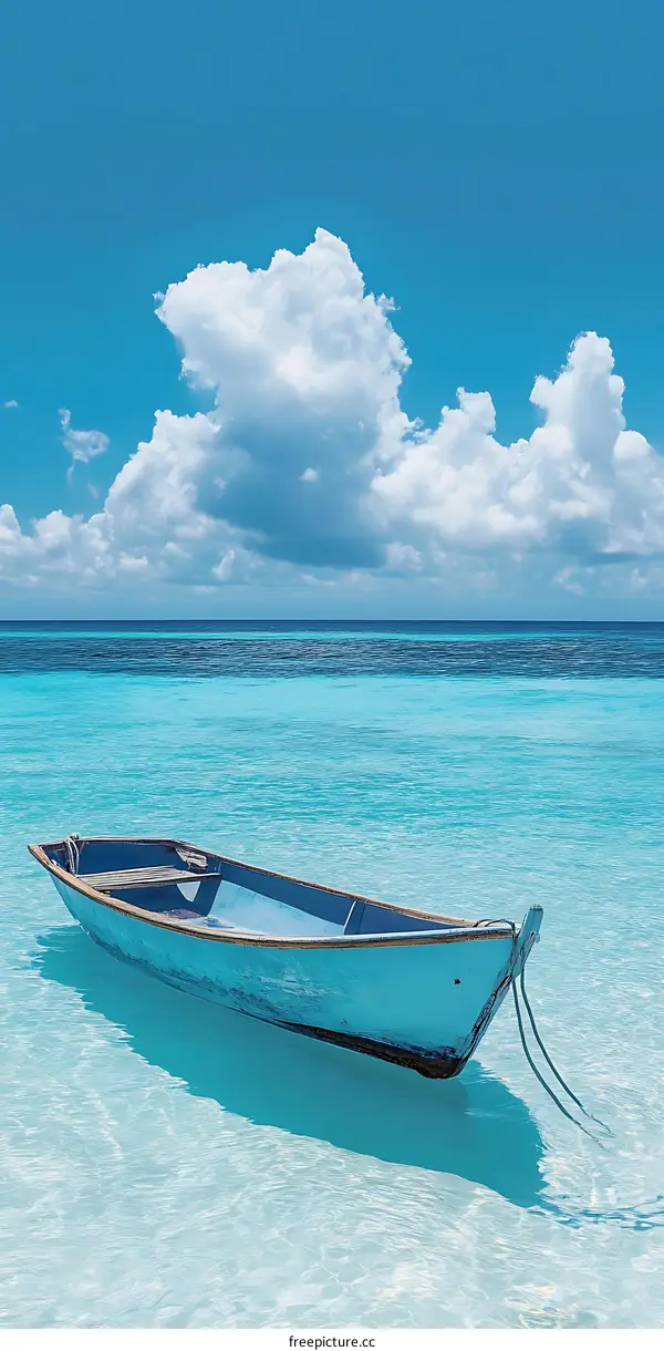 Blue Boat Floating in Turquoise Water with White Clouds in the Sky