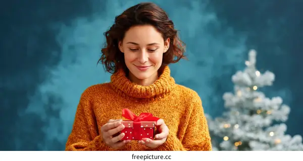 Woman with Gift on Christmas Background