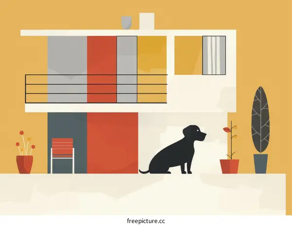 Black Dog in Front of Colorful Modern House