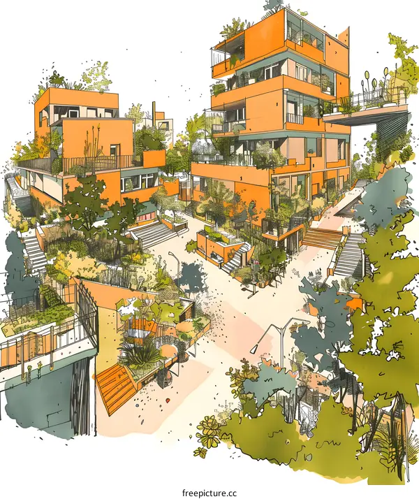 Hand Drawn Illustration of Modern Apartment Building with Lush Greenery