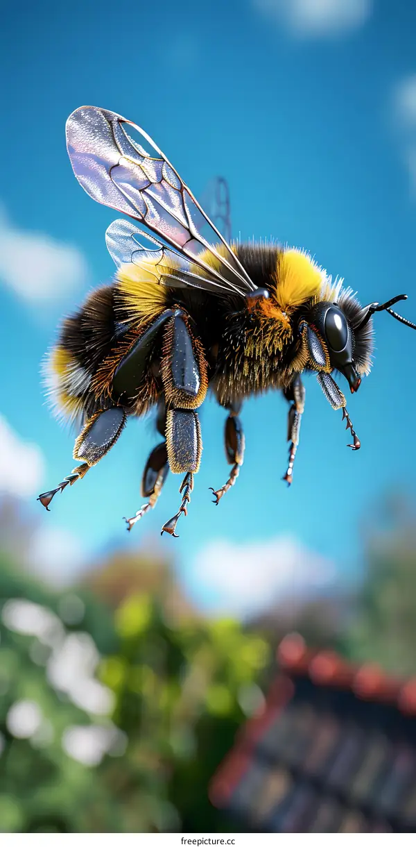 Bumblebee in flight against blue sky