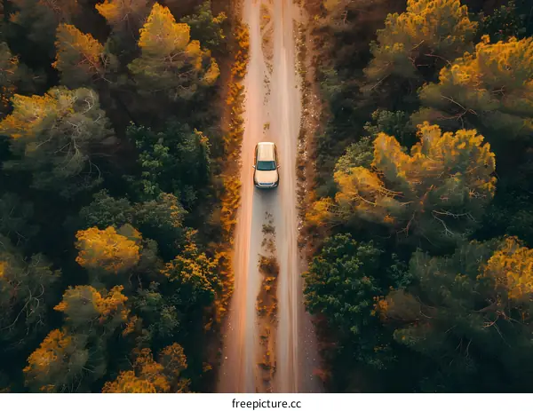 Aerial View Of Car Driving On Dirt Road In Autumn Forest