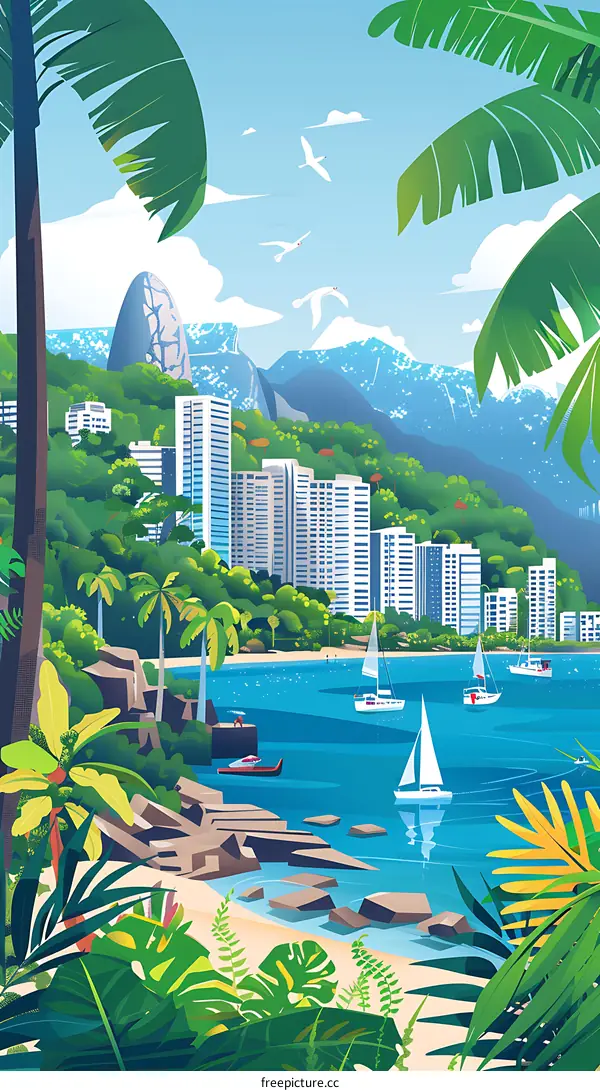 Tropical Island Cityscape with Sailboats and Lush Greenery