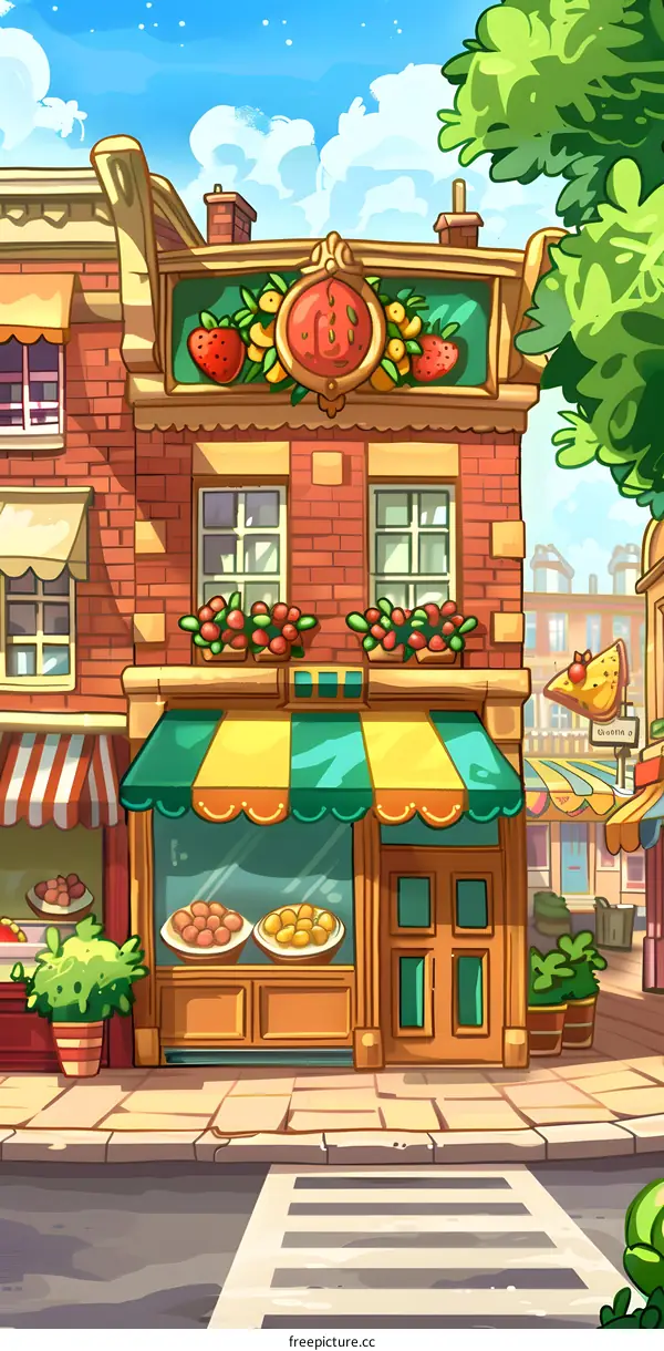Cartoon Illustration of a Small Town Shop with a Green Awning and a Brick Facade