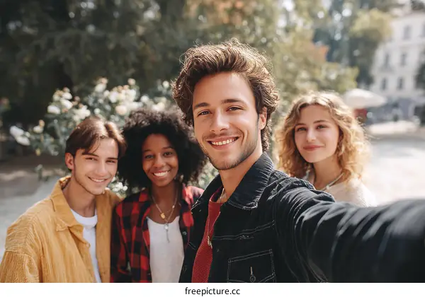 Four Diverse Friends Taking a Selfie in a City Park