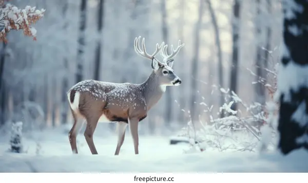 A majestic deer stands amid a snow-covered forest