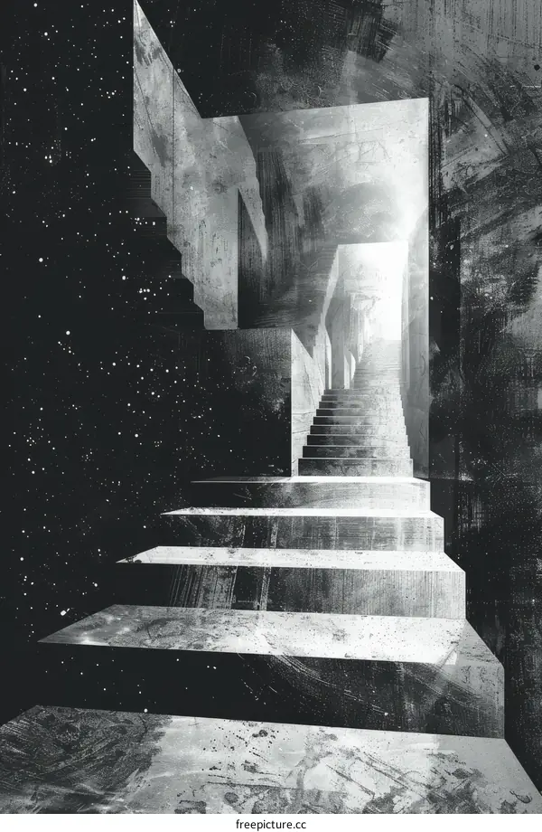 Black and white concrete structure with stairs going up towards the light