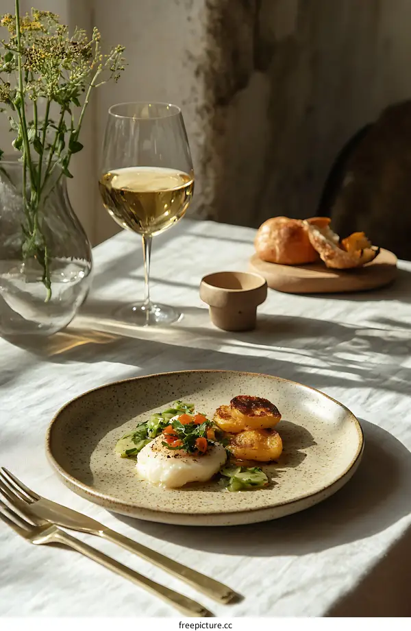 Gourmet Dish of Poached Egg with Crispy Potatoes, Salad, and a Glass of Wine