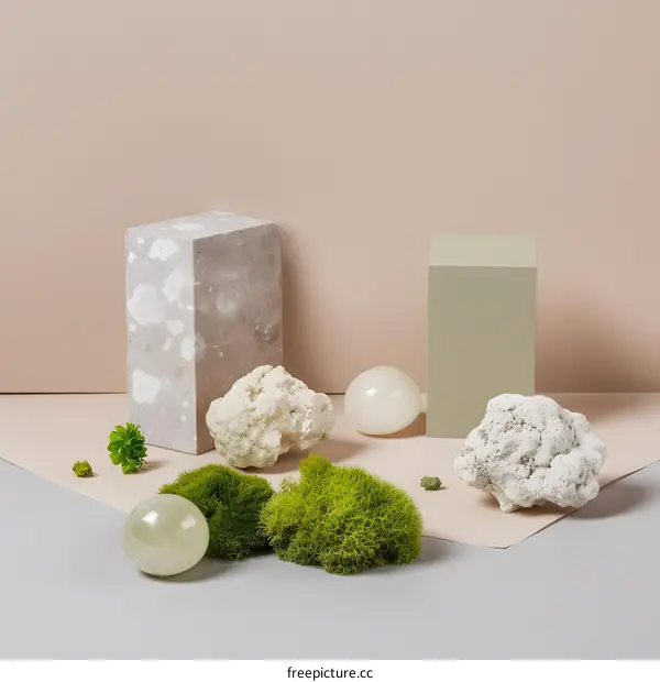 Minimalist Still Life With Green Moss And White Rocks