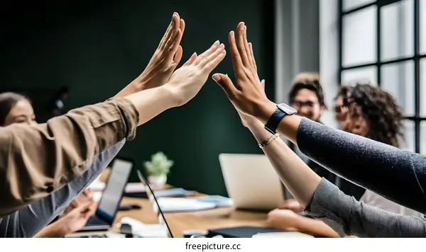 Happy Diverse Team High Five In Modern Office