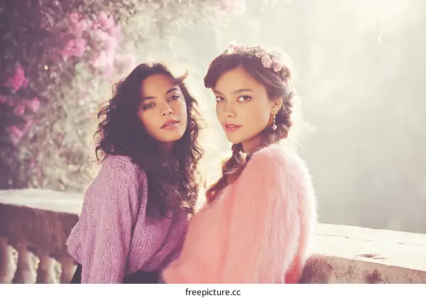 Two Young Women in Pastel Colors Outdoor Portrait