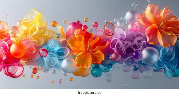 Colorful abstract flowers and bubbles