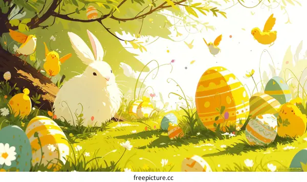 Fluffy Easter Bunny with Colorful Eggs and Chicks