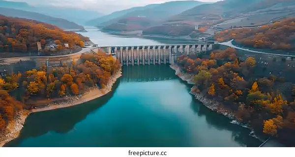 An aerial view of a dam in a valley with autumn trees