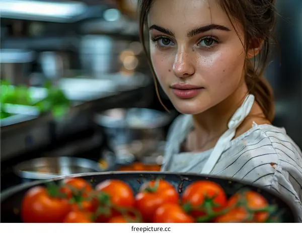 Young Woman Chef Cooking in a Commercial Kitchen