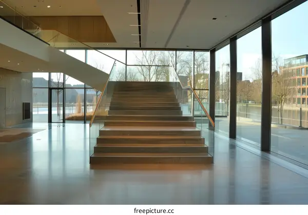 Staircase in a modern building with large glass windows
