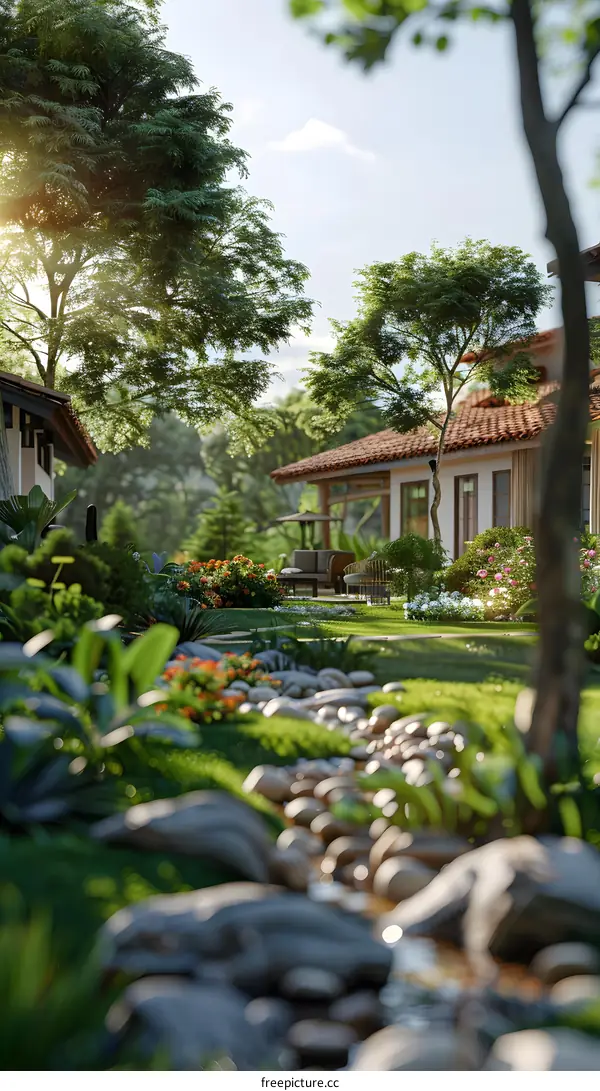 Sunlight洒在现代住宅的花园草坪上