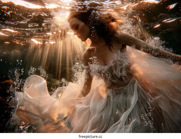 Ethereal underwater photoshoot of a Caucasian woman in a white dress