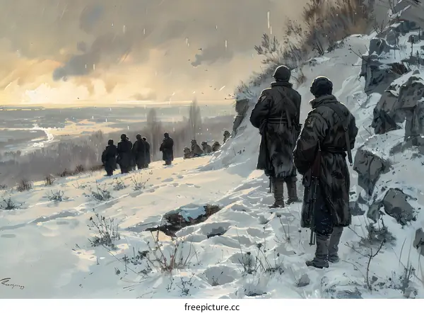 A group of soldiers looking at the ruins of a city