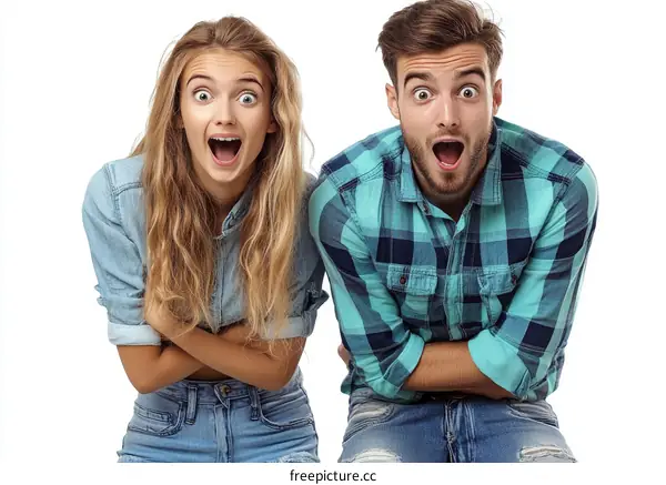 Surprised Caucasian Couple Posing Studio Shot
