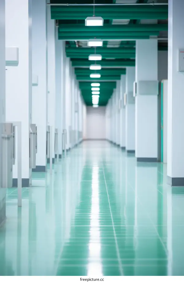 Long green hospital hallway with bright lights
