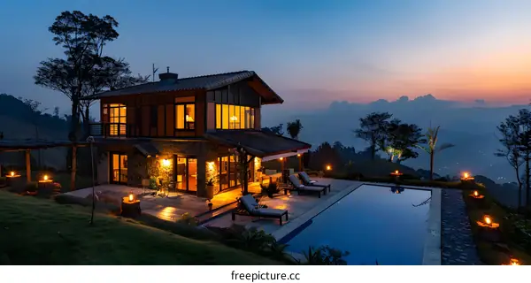 Modern house exterior with amazing view at dusk
