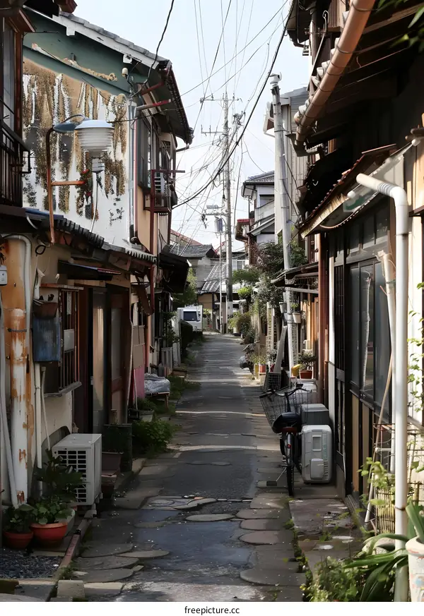 Narrow Street in Japan with Traditional Houses