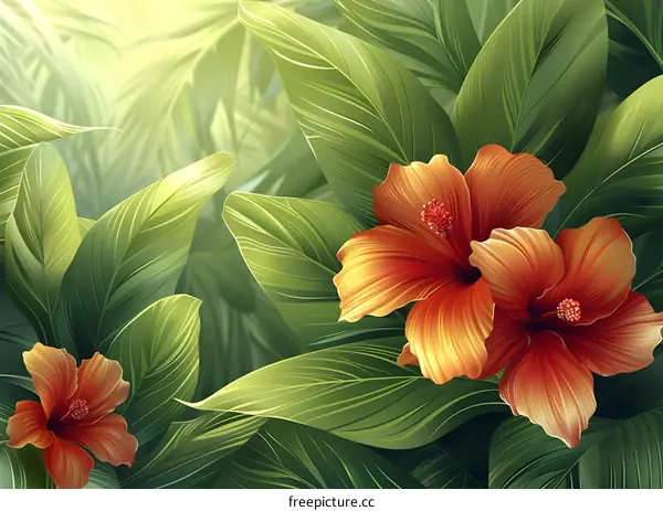 vibrant orange hibiscus flowers with green leaves