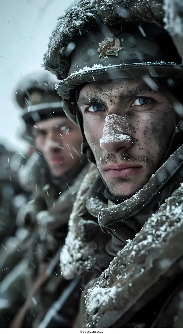 A soldier with snow on his face and a gun in the background