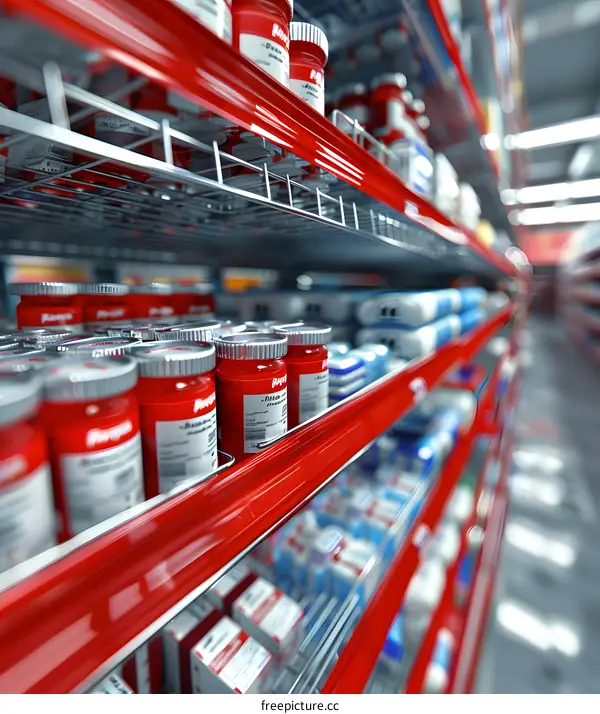 Medicine Bottles on Red Shelves in Pharmacy Store