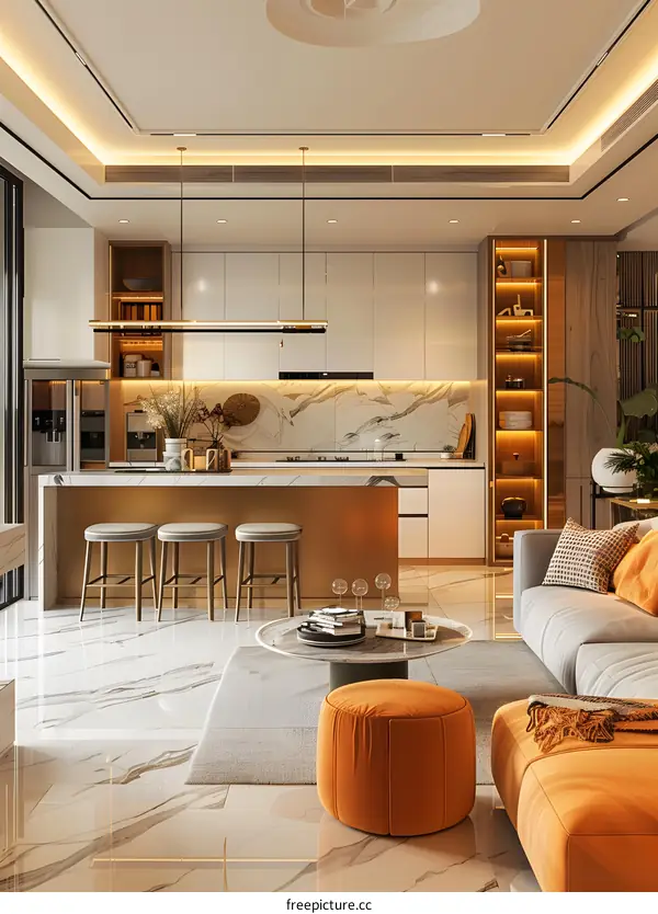 Modern kitchen and living room interior design