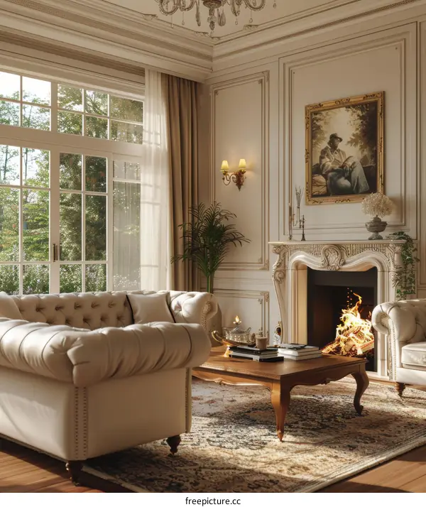 Luxurious Living Room with Fireplace and Ample Windows