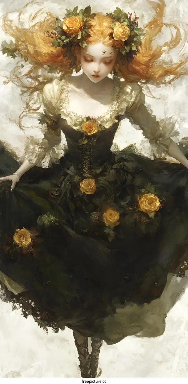 Fantasy Illustration of a Young Woman in a Green Dress with a Crown of Roses