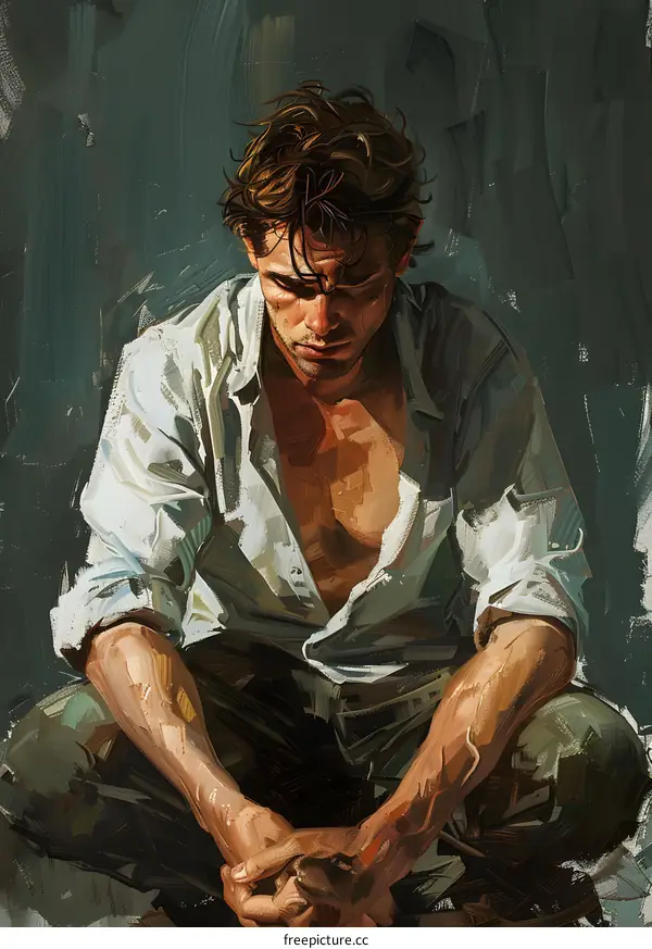 Portrait Painting of a Caucasian Man with a Sad Expression