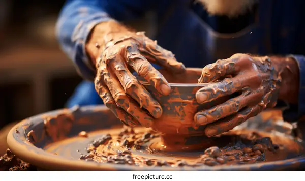 A potter shapes a bowl on a pottery wheel