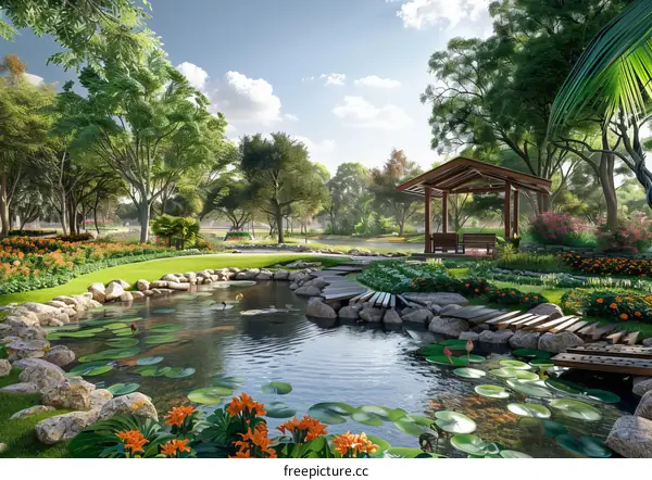 Serene Park Pond with Gazebo and Flowers