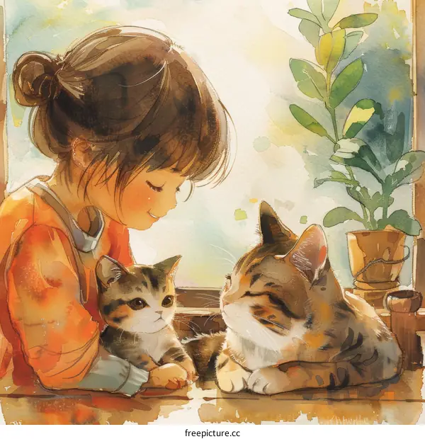 A girl and two cats cuddled up on the windowsill