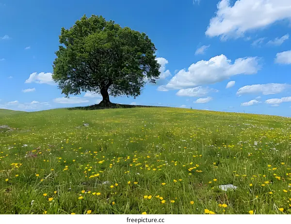 Lone Tree on a Green Meadow with a Blue Sky